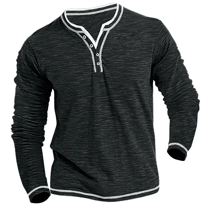 Camisetas Masculinas de Algodão Pequeno Gola V Nova Camiseta Masculina Casual Outono Inverno Confortável Macia Elástica Henley de Manga Comprida