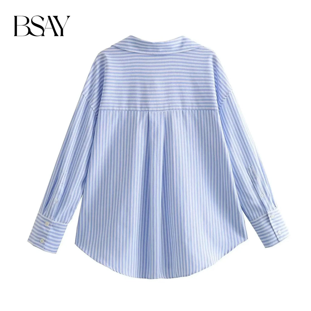 Bsay Moda Feminina Manga Comprida Botão Único Lapela Algodão Oxford Blusa Roupa de Rua Camisa Chique Senhoras Cropped Tops Mujer 1 - Listrado rosa M