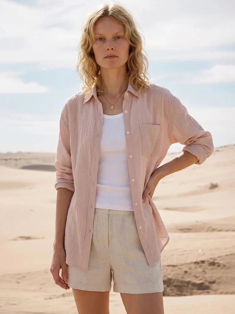 Camisa Social De Linho Azul Feminina Botões Luxo Oversize Tops Verão Manga Longa Básica Fina Camisas Brancas De Linho Femininas Rosa