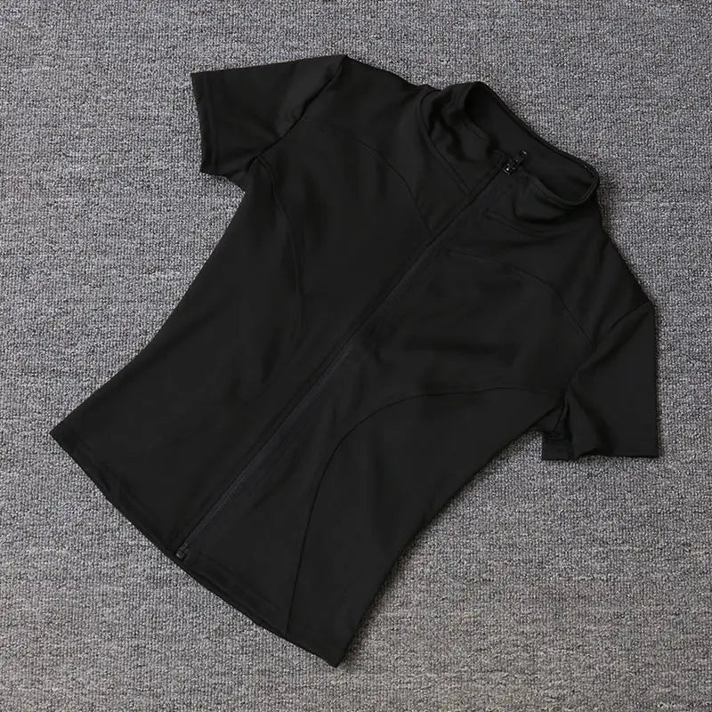 Verão de Alta Qualidade Modelador de Cintura Tops de Treino Feminino de Secagem Rápida Justo Gola Alta Zíper Completo Manga Curta Camisas de Yoga