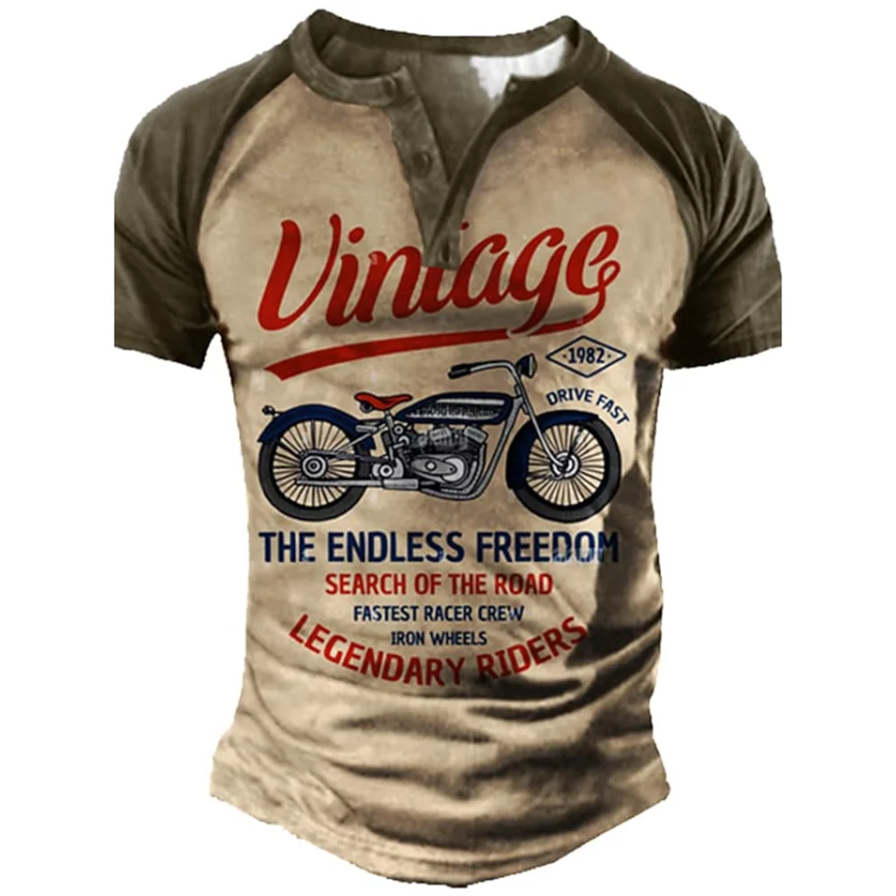 Motorcycle Impressão 3D Vintage Henley Camisas Masculinas Casuais Moda Streetwear Superdimensionada Camiseta Manga Curta Masculina Tops Roupas