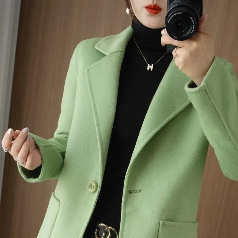 Jaqueta Feminina Casaco De Lã Cashmere Dupla Face 100% Pura Lã Outono Inverno Novo Casaco Corta-Vento De Lã Slim De Um Botão De Comprimento Médio