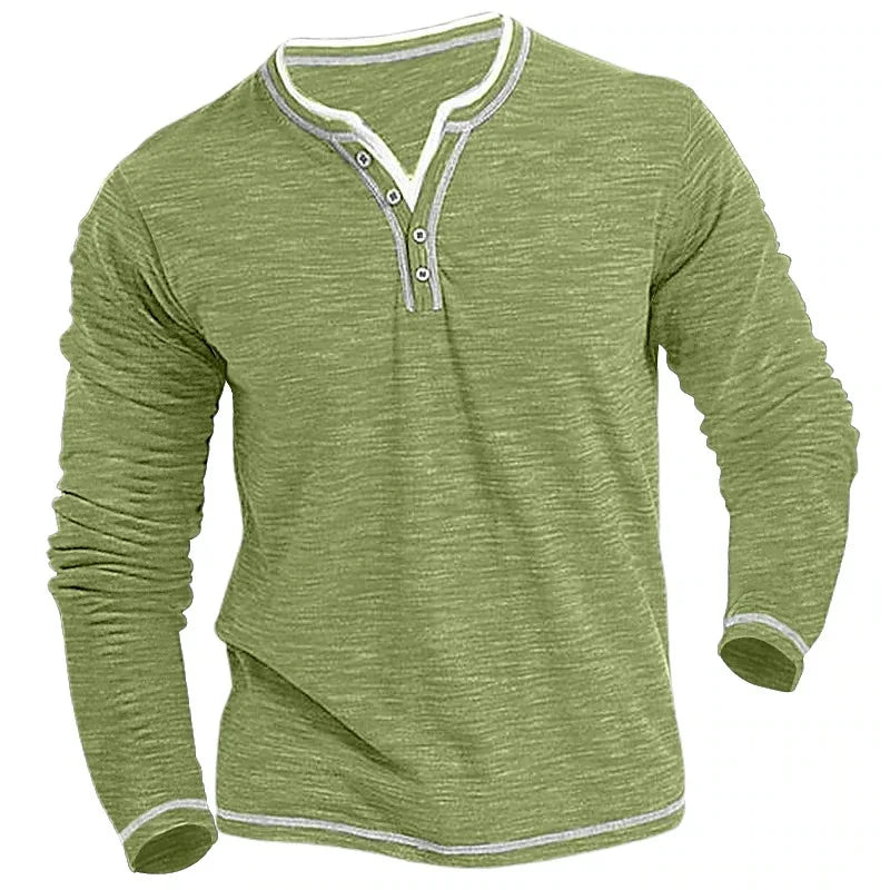 Camisetas Masculinas de Algodão Pequeno Gola V Nova Camiseta Masculina Casual Outono Inverno Confortável Macia Elástica Henley de Manga Comprida