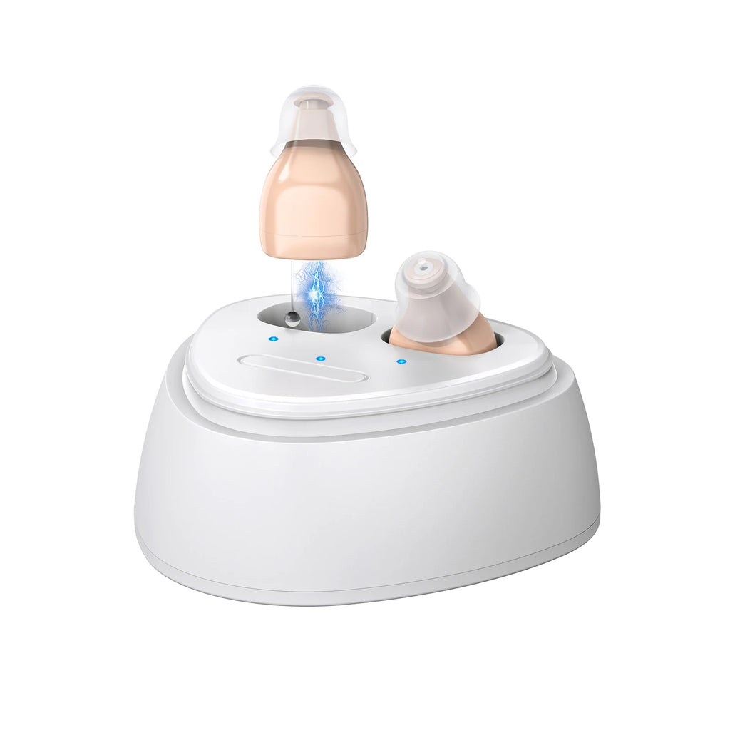 hearing earbuds amplifier, equipped with a USB charging dock, with adjustable volume, adult use as a hearing earphones aids.