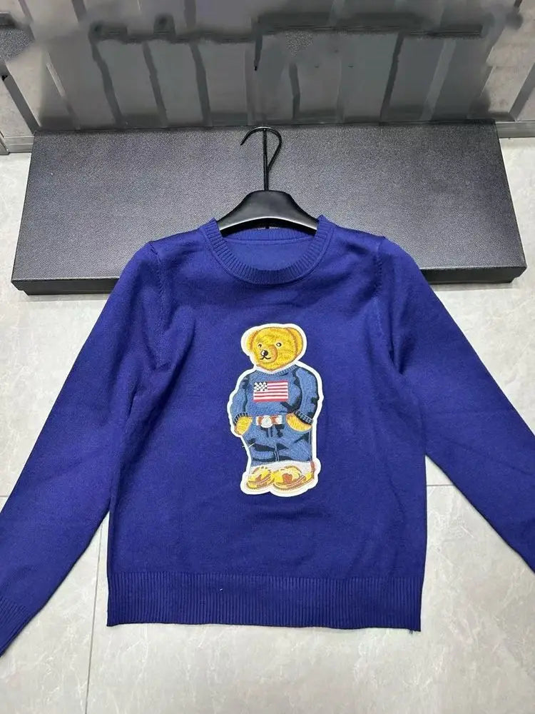 Camisola Suéter Tricotada Urso Bordado Luxo Francês de Rua Para Mulheres Moda Casual Tricô Blusas Pull Femme