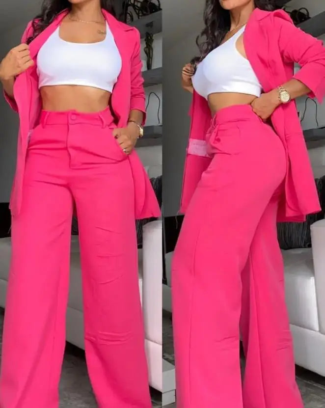 Conjunto de Duas Peças Feminino Outono 2024 Nova Moda Casual Sólido Diário Deslocamento Gola Entalhada Blazer Casaco Calças com Bolso Conjunto 1 - A S