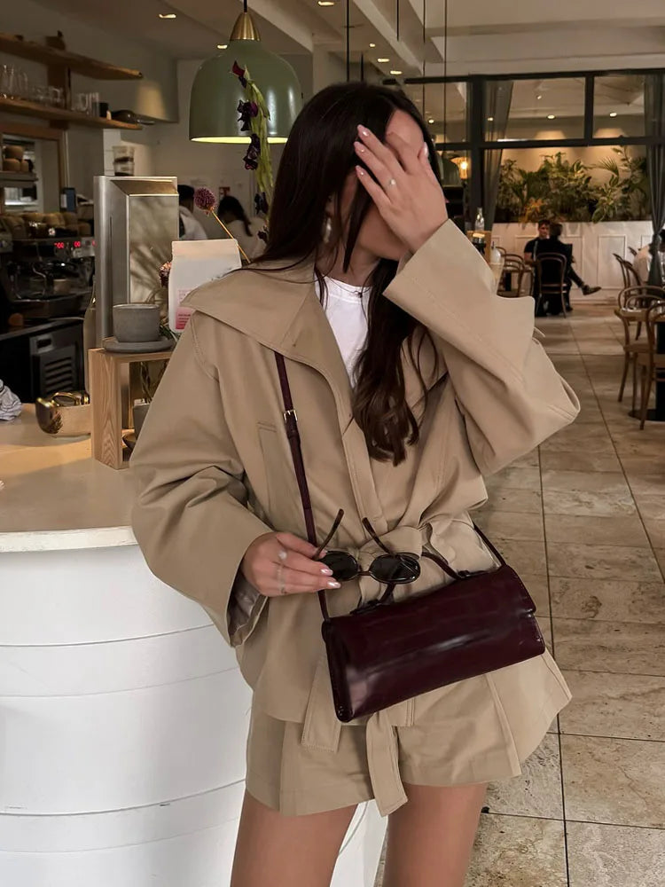 Hh Women Fashion Summer Suits Solid Turn Down Collar Long Sleeves Lace Up Single Breasted Jackets High Waist Zipper Shorts 1 - khaki jacket S