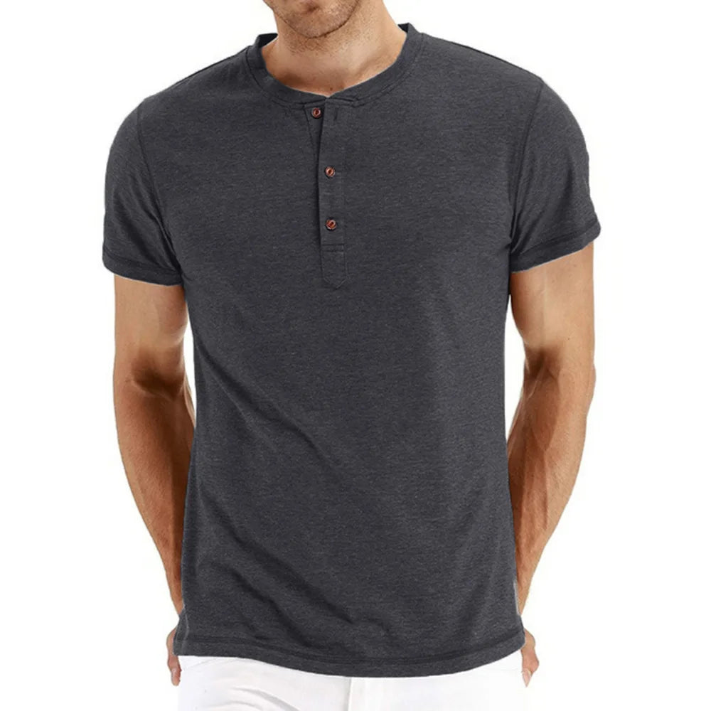 Camiseta Masculina Algodão de Qualidade Gola Henley Design de Moda Slim Fit Cor Sólida Tops Masculinos Camisetas Manga Curta Para Homens