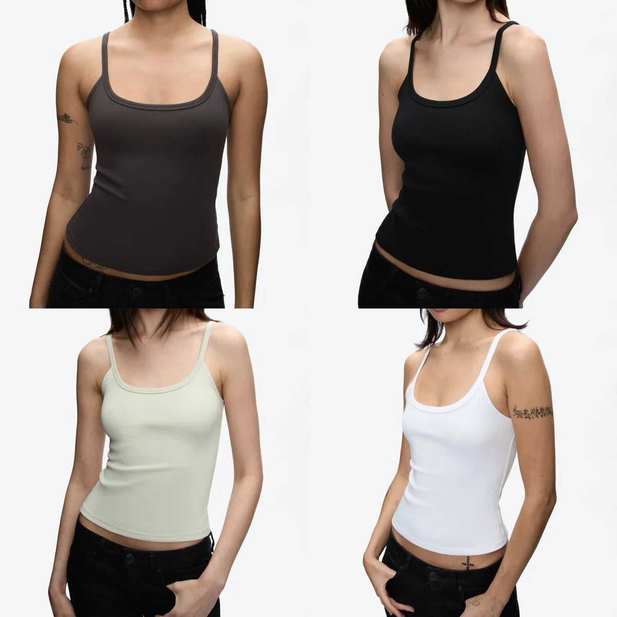 Regata Básica U Neck com Alças Finas Camisola Ajustada e Que Cai Bem Camisola Camada Base de Cor Sólida Blusa Canelada Slim Fit Versátil Minimalista Preto e Branco - preto P