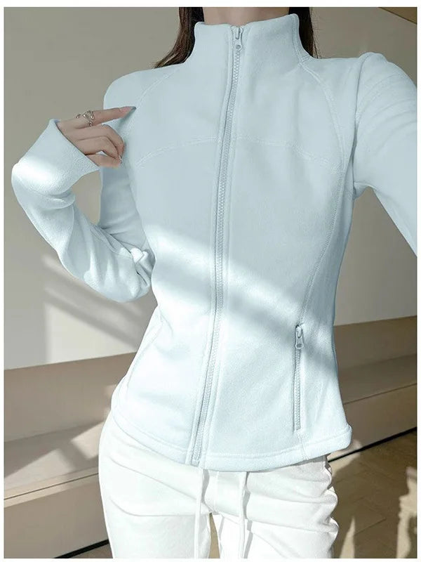 Cardigã Curto Feminino Slim Fit com Forro de Lã Gola Alta Grossa Modelagem de Cintura Moda Outono Inverno Casaco