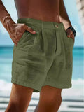 Bermuda Masculina Algodão e Linho 2026 de Verão, Cor Sólida, Casual, Botão, Bolso, Praia, Confortável, Simples, Férias, Lazer