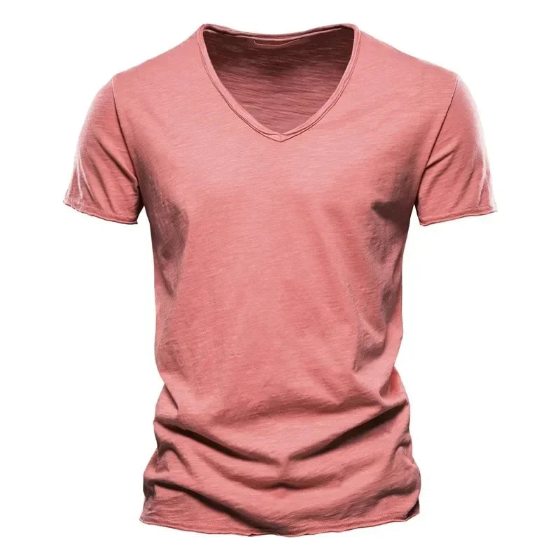 Men's 100% Cotton V-Neck T-Shirt Slim Fit Short Sleeve Fashion Fitness Tee S-5XL