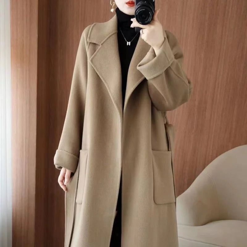 2024 Moda Feminina Casaco 100% Lã Outono/Inverno Elegante Casaco de Caxemira Dupla Face com Cinto Longo