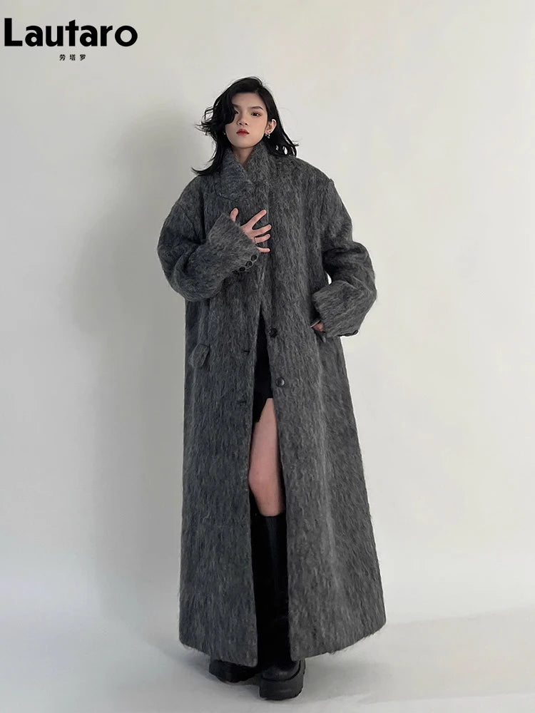 Lautaro Outono Inverno Roupas Femininas Casuais Oversized Extra Longo Cinza Quente Lã e Misturas Casaco Feminino Maxi Felpudo de Lã