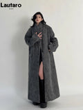 Lautaro Outono Inverno Roupas Femininas Casuais Oversized Extra Longo Cinza Quente Lã e Misturas Casaco Feminino Maxi Felpudo de Lã