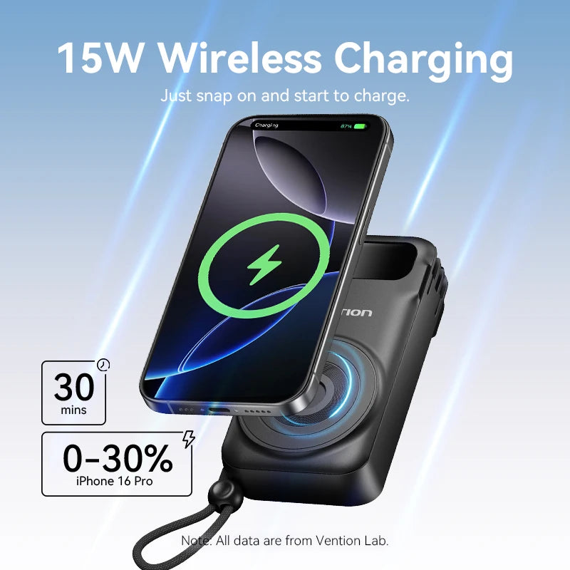 Magnetic Power Bank 10000mAh Fast Charge Built-in Cables AC Plug