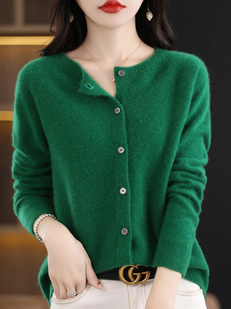 2024 Novo Cardigan Básico Chique Feminino Gola Redonda Suéter de Lã Merino Macio Roupa de Malha Elegante Casaco Primavera Outono Roupas Femininas Tops - Vermelho Shumei XXL