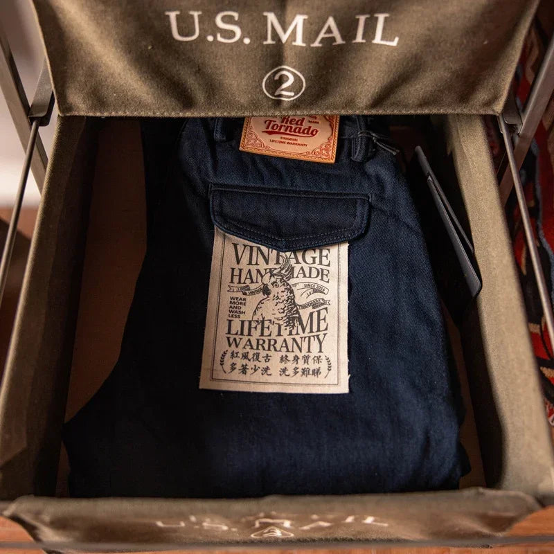 Calça Red Tornado Officer Azul-Preta Slim Reta 14oz Jeans Indigo Selvedge