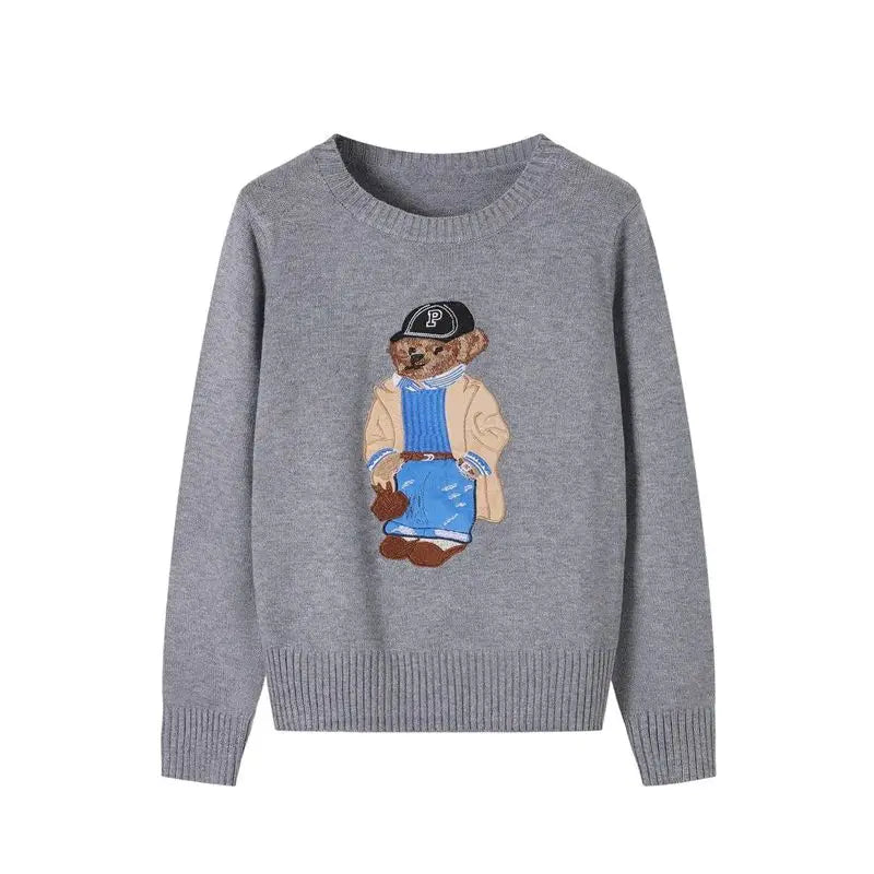 Suéter Feminino de Tricô com Urso Bordado Estilo Francês de Luxo para Mulheres Blusas Casuais de Malha Suéter Pull Femme