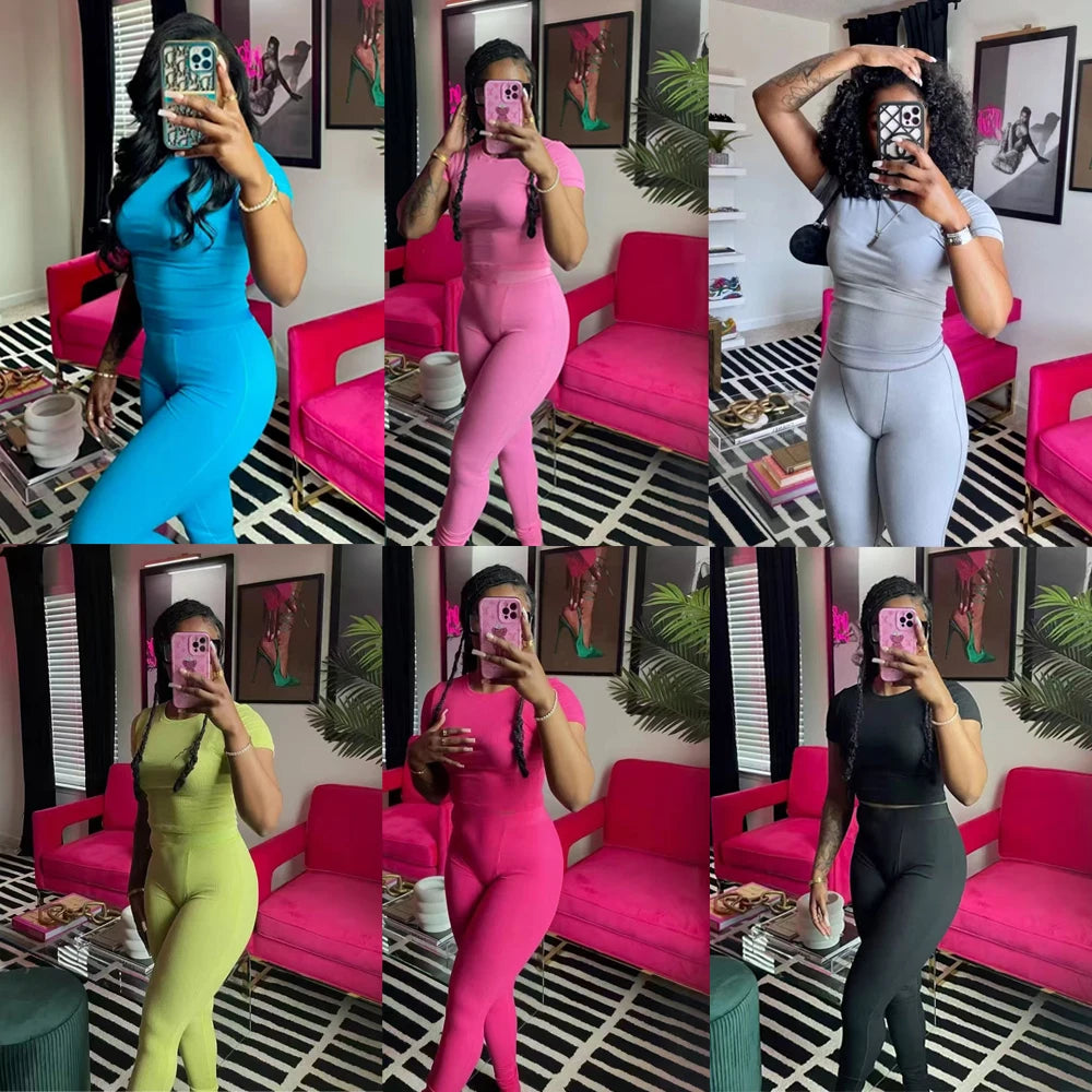 Conjuntos Femininos de Lounge Roupa Ativa 2 Peças Duas Peças Cor Sólida Algodão Canelado Gola Redonda Manga Curta Top Cropped e Legging Conjuntos de Roupa