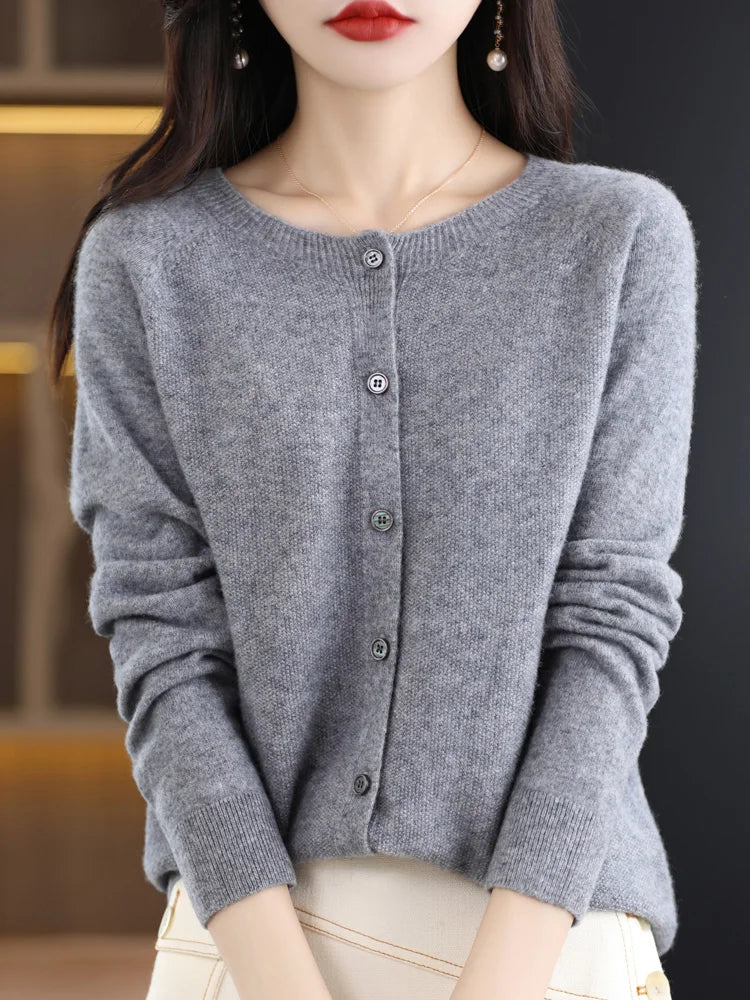 Suéter de cashmere feminino 100 lã merino cardigã de malha Outono Inverno O Pescoço Cor Sólida Casual Fashion Top 1 - Azul Changchunhua L