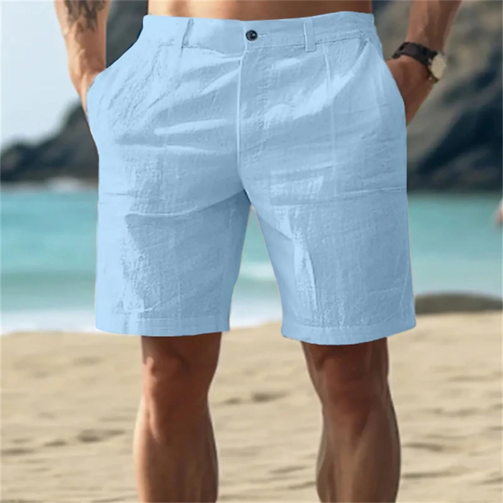 Calças Masculinas de Linho com Cor Sólida Casuais para Praia, Respiráveis, Confortáveis e Retas, Curtas, Estilo Havaiano para Férias de 2025