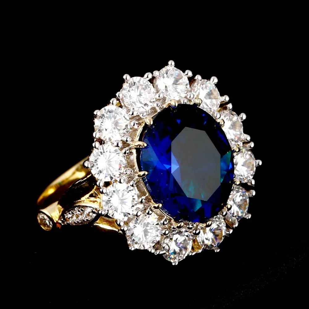 Luxury Oval Blue Zircon Ring for Women Sparkling Golden Color Solitaire Finger Rings Romantic Jewelry Wedding Anniversary Gift