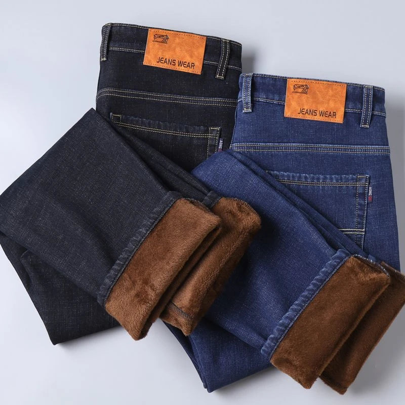 Marca Outono Inverno Quente Flocking Denim Macio Homem Atividades Forro de Lã Calça Jeans Masculina Preto Azul Cinza Cores