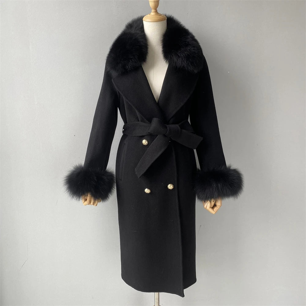 Jxwatcher Cashmere Lã Casaco Primavera Real Fox Colarinho Casaco de Lã de Trincheira Mulheres Inverno Casaco Quente Venda Longo Estilo Casacos de Lã