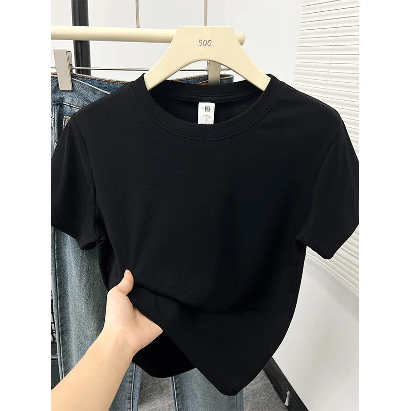 2026 Verão Nova Camiseta Casual de Alta Qualidade Sexy Manga Curta Tendência da Moda Sólida Roupa Feminina Blusas Y2k