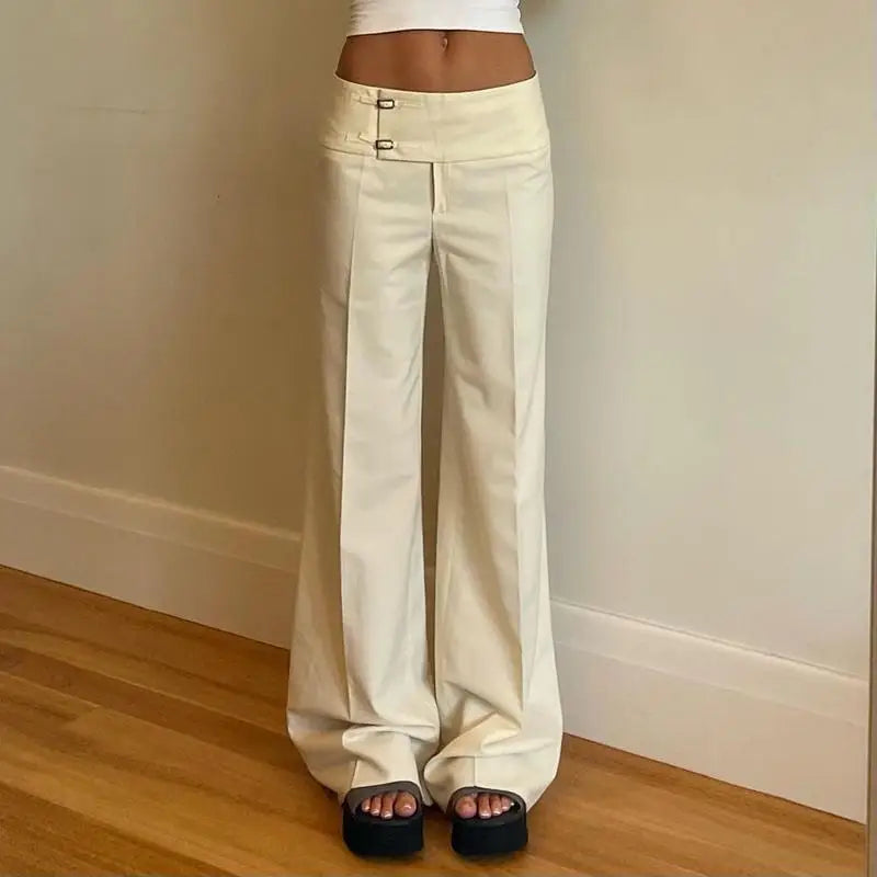 Calça Feminina Vintage Y2K Coreana Streetwear Cintura Baixa Reta Solta Bege Calça Casual Feminina Botões Básica Anos 2000