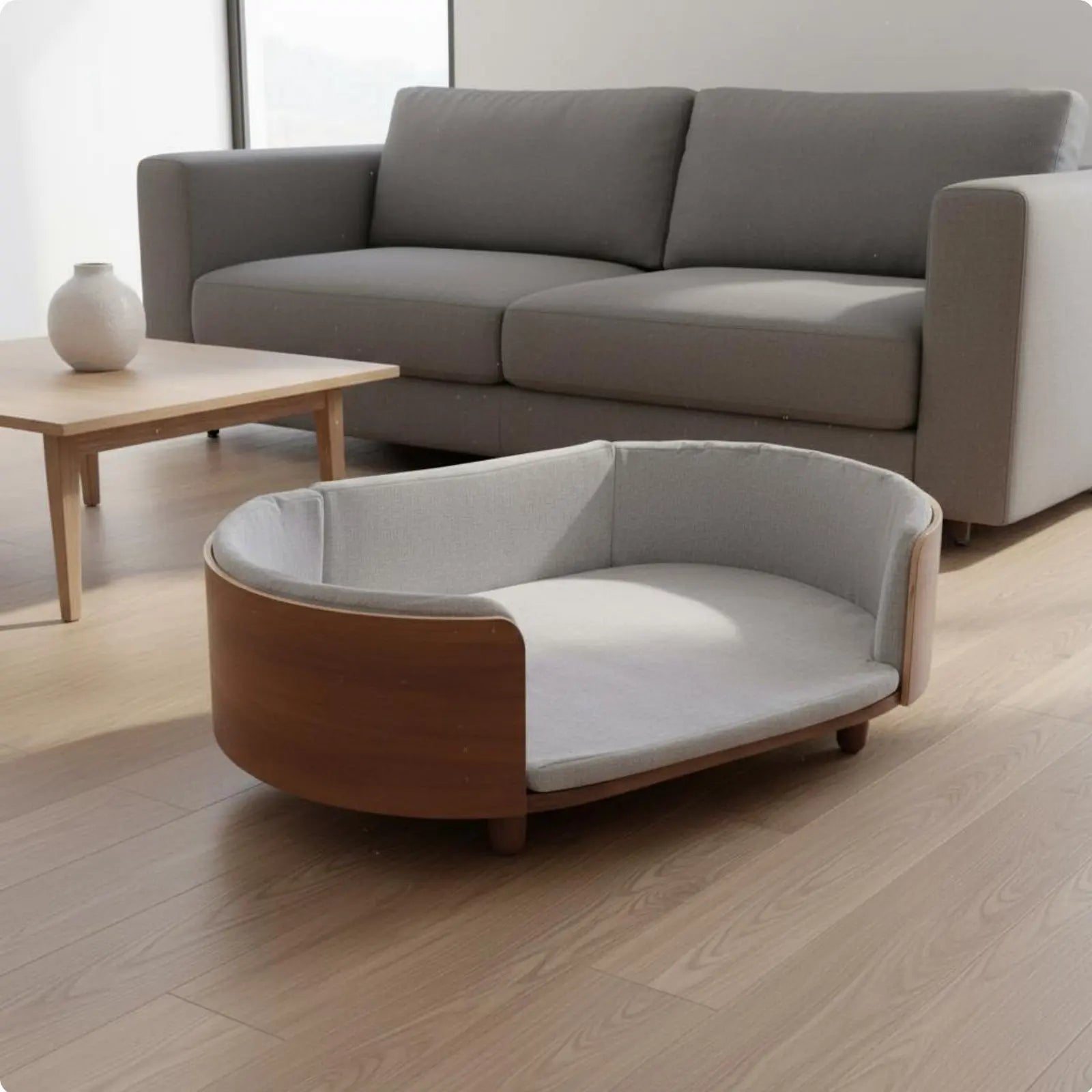 Wooden Pet Sofa Removable and Cleanable Cover Modern Pet Bed Raised Dog Lounger Year-Round Use Oval Cat Bed Firm Wood Veneer