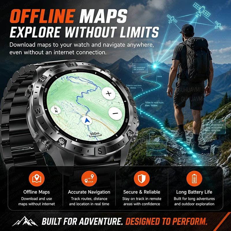 2026 Mapa Offline Novo Smartwatch 3ATM à Prova D'água GPS Navegação Bússola Altímetro Lanterna Masculino 170+ Esportes Pulseira Masculino Feminino
