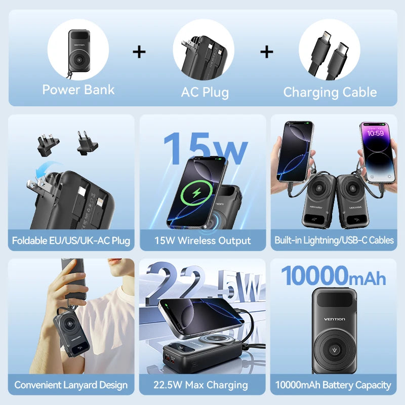 Power Bank Magnético 10000mAh Carregamento Rápido Cabos Embutidos Plugue AC