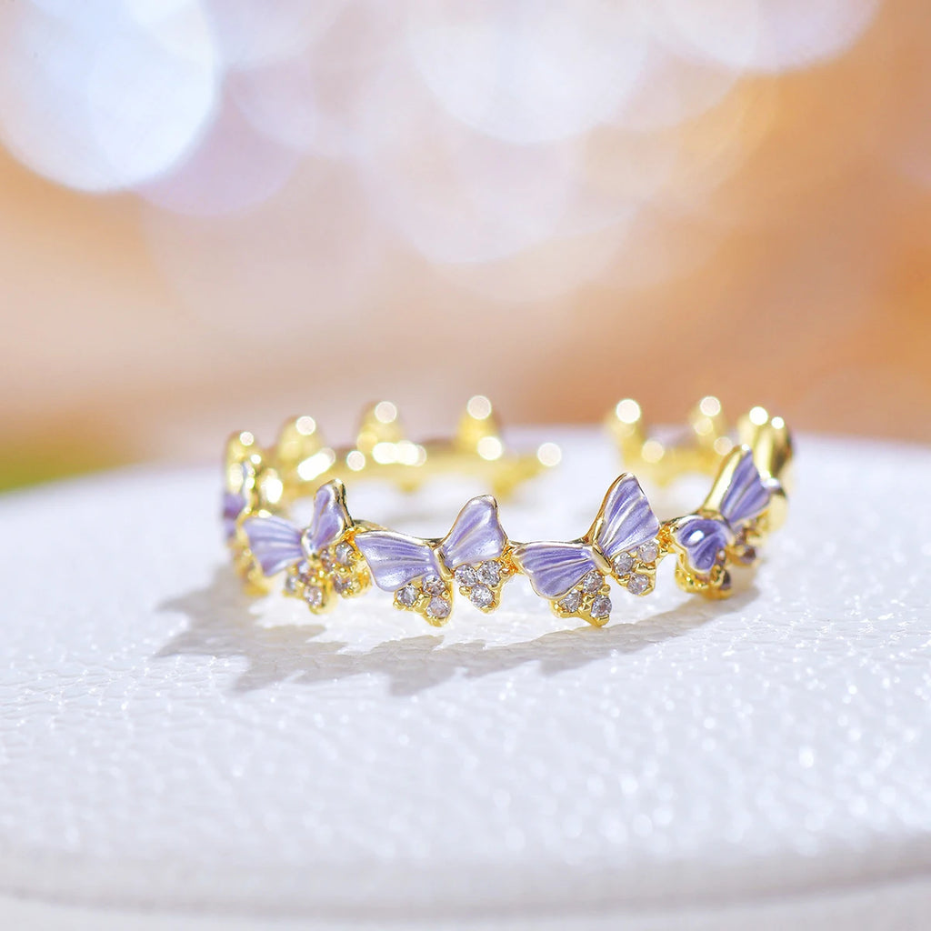 JUWANG 3A Zircon Ring For Women High-End Purple Super Fairy Temperament Flower Dripping Oil Exquisite Zircon Butterfly Open Ring