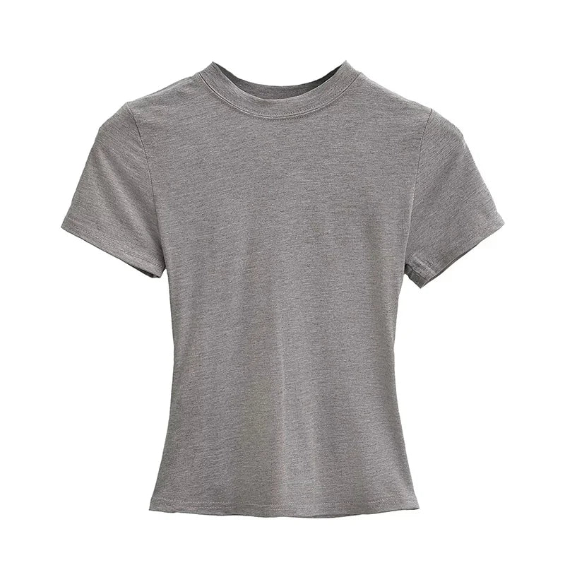 2025 Nova Camiseta Casual de Alta Qualidade Sexy Slim Manga Curta Tendência da Moda Cor Sólida Roupa Feminina Blusas Y2K 2 - Caqui M