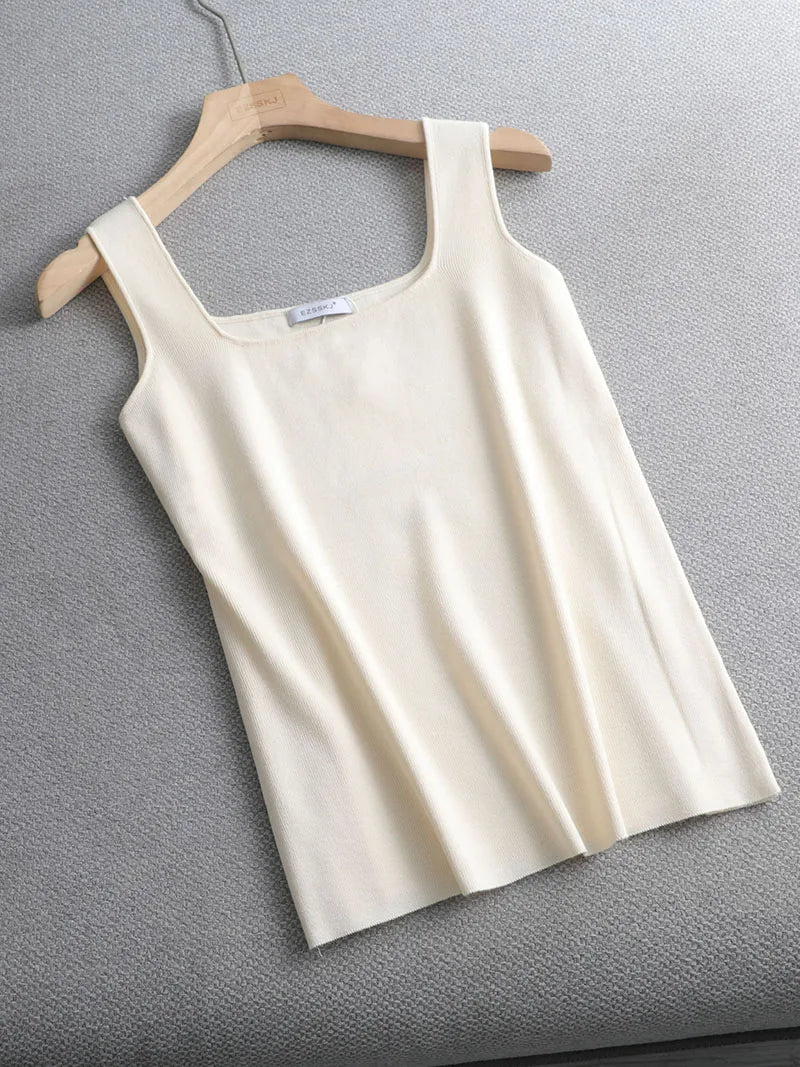 Regata de malha branca de verão com decote U de alta qualidade, chique, básica, feminina, sexy, camiseta sem mangas, top vintage, camiseta casual cropped