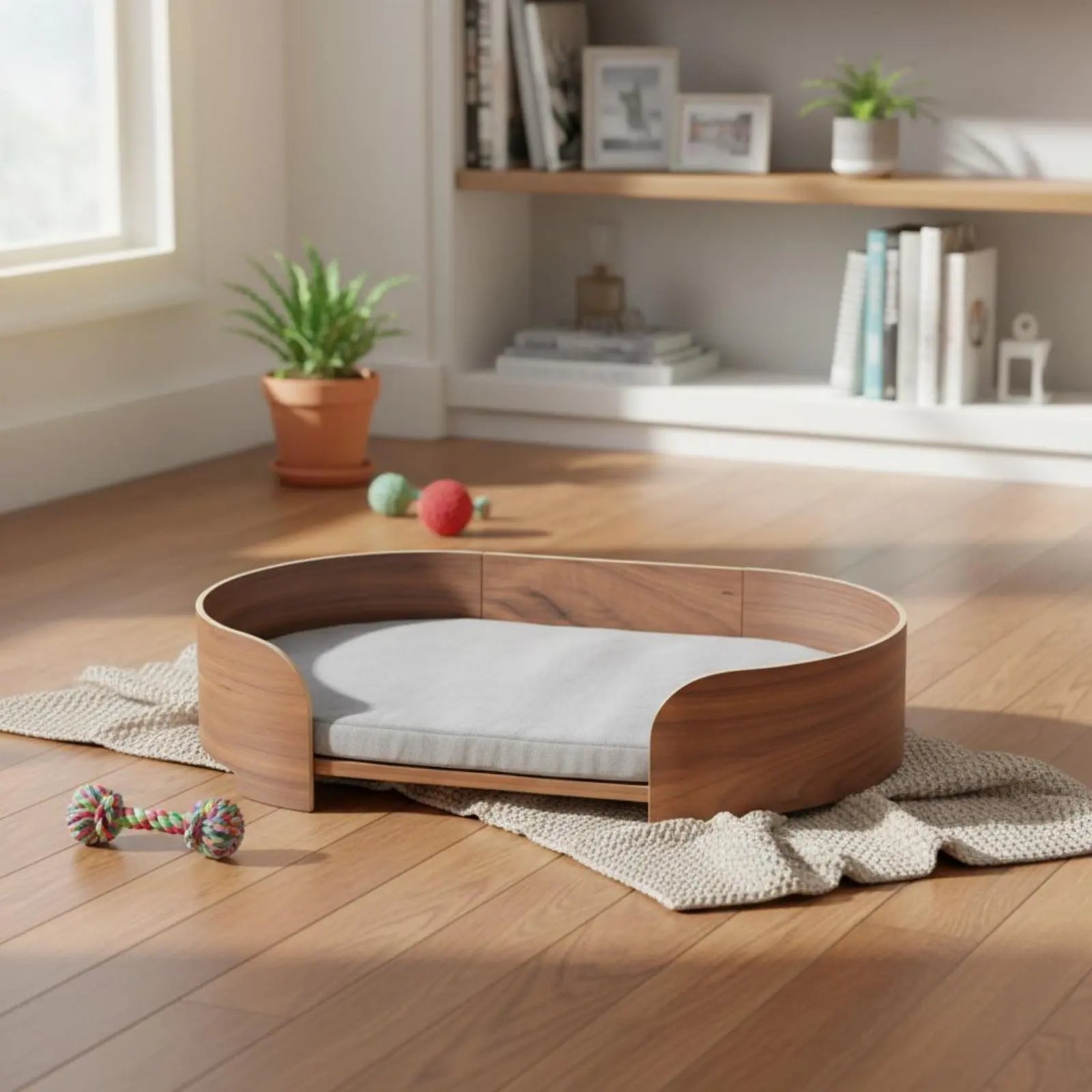 Wooden Pet Sofa Removable and Cleanable Cover Modern Pet Bed Raised Dog Lounger Year-Round Use Oval Cat Bed Firm Wood Veneer