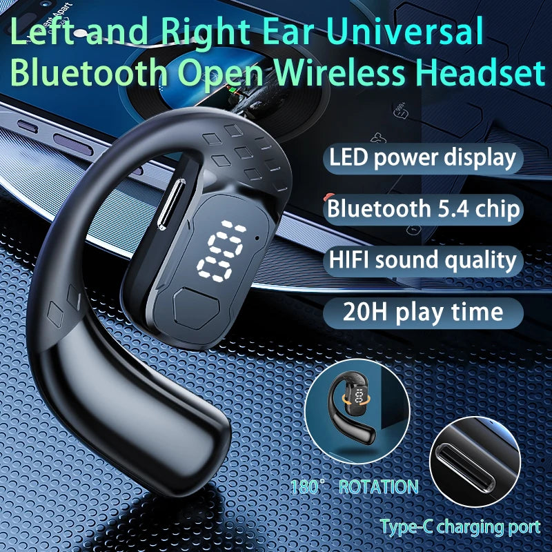 Fone de Ouvido Sem Fio Rotação 180° Ajustável Esquerdo Direito Aberto Bluetooth 5.4 Orelha Universal Microfone Esporte Negócios Música Gancho de Orelha
