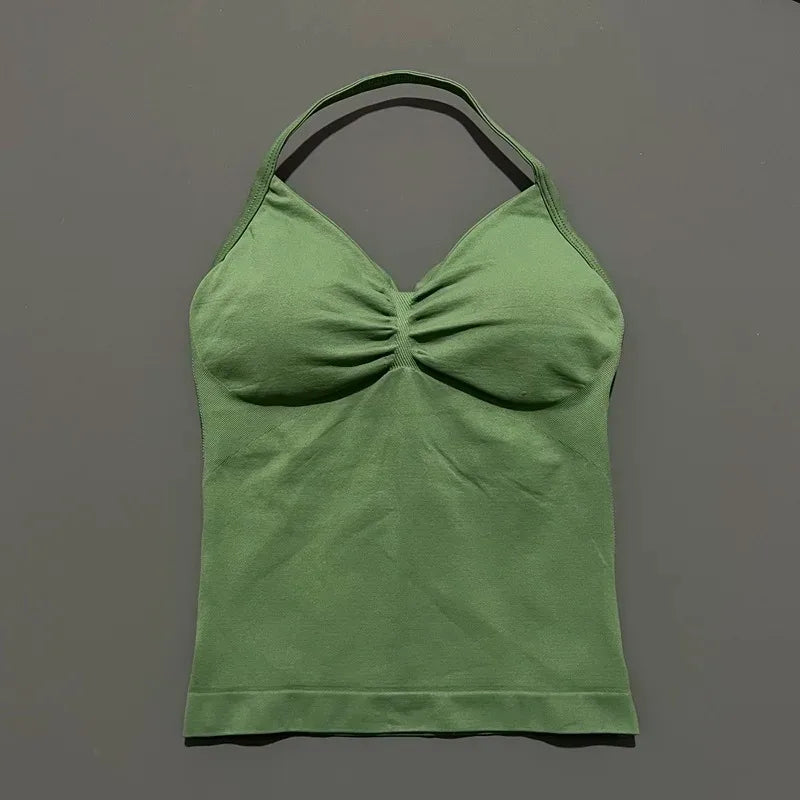 Conjuntos de Academia Femininos 2 Peças Impacto Sem Costura Fitness Yoga Roupa Esportiva Halter Top Shorts Roupa de Treino Corrida Roupa de Academia