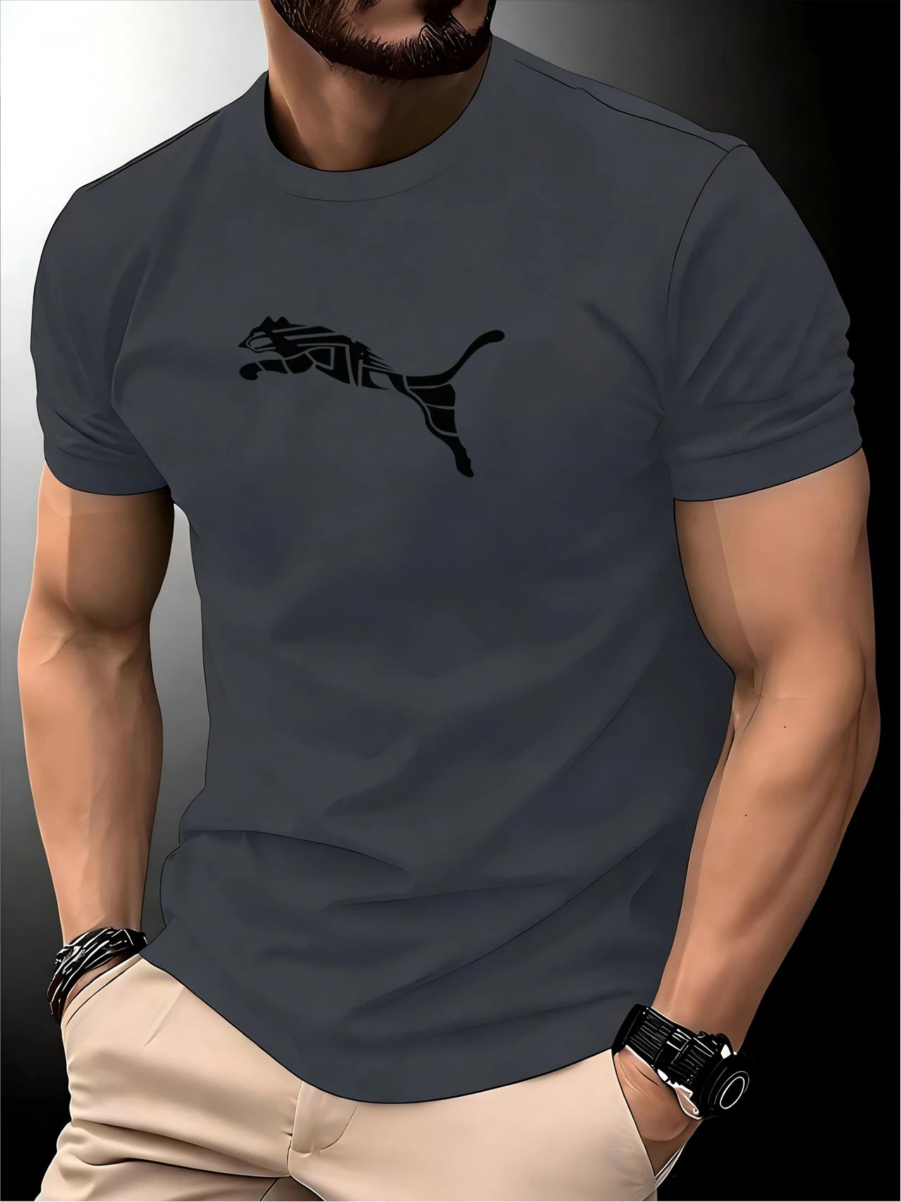 Camiseta Masculina Estampa Leopardo Raposa Gola Redonda Casual Estilo Y2K Fitness Esportiva