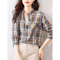 Camisa xadrez feminina primavera e outono nova moda retrô camisa de algodão puro usada com um estrangeiro