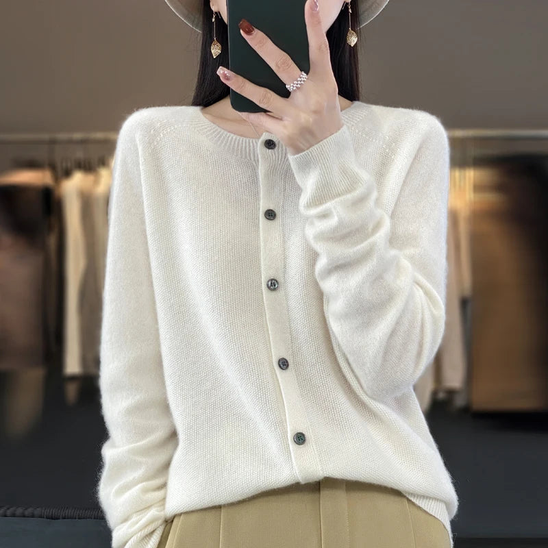Cardigã Feminino de Lã Merino 100% Cashmere, Suéter para Outono Inverno, Gola Redonda, Manga Longa, Malha Feminina, Roupas Básicas, Blusas - Shumei XXL
