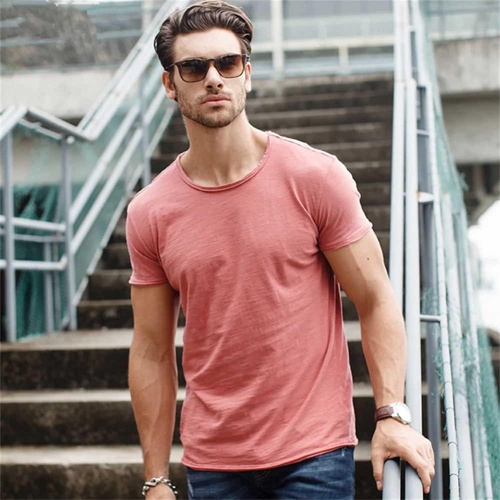 Camiseta Masculina 100% Algodão Casual Macia Fitness Verão Fina Camisetas Masculinas Roupa de Casa Gola O Manga Curta Lisa Camiseta para Homens