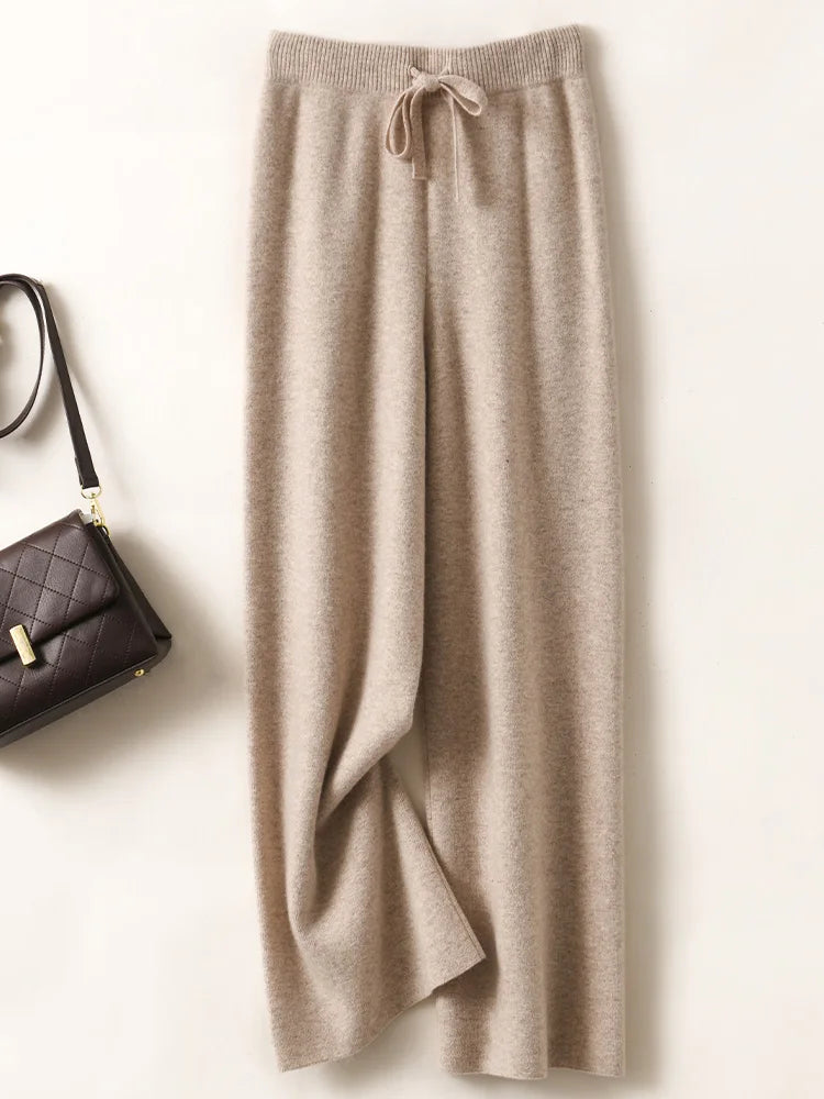 Calças Femininas Outono Inverno Básicas Macias Casuais com Faixas Calças de Malha de Lã Merino 100% Coreanas Populares - Gaoya Camel M
