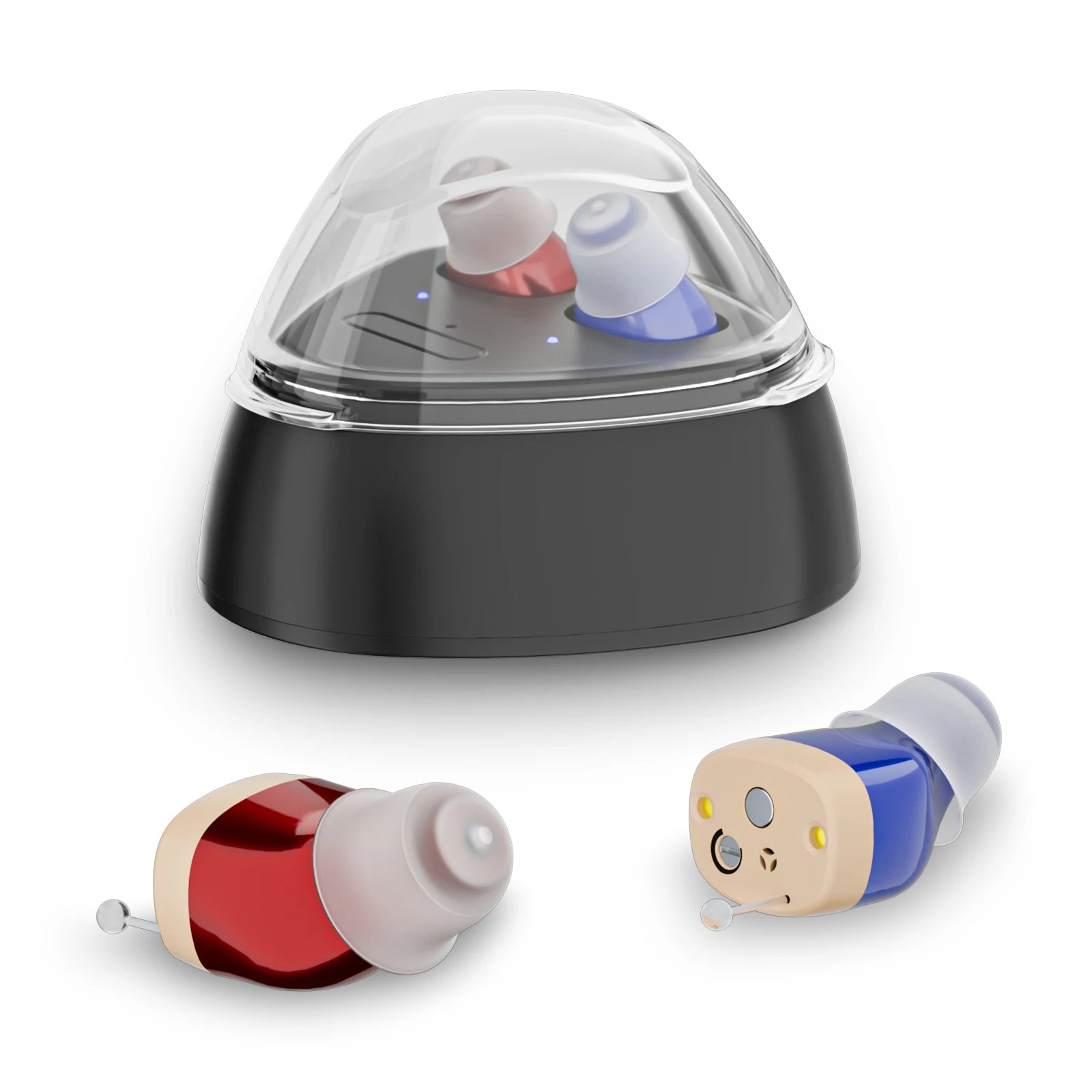 hearing earbuds amplifier, equipped with a USB charging dock, with adjustable volume, adult use as a hearing earphones aids.