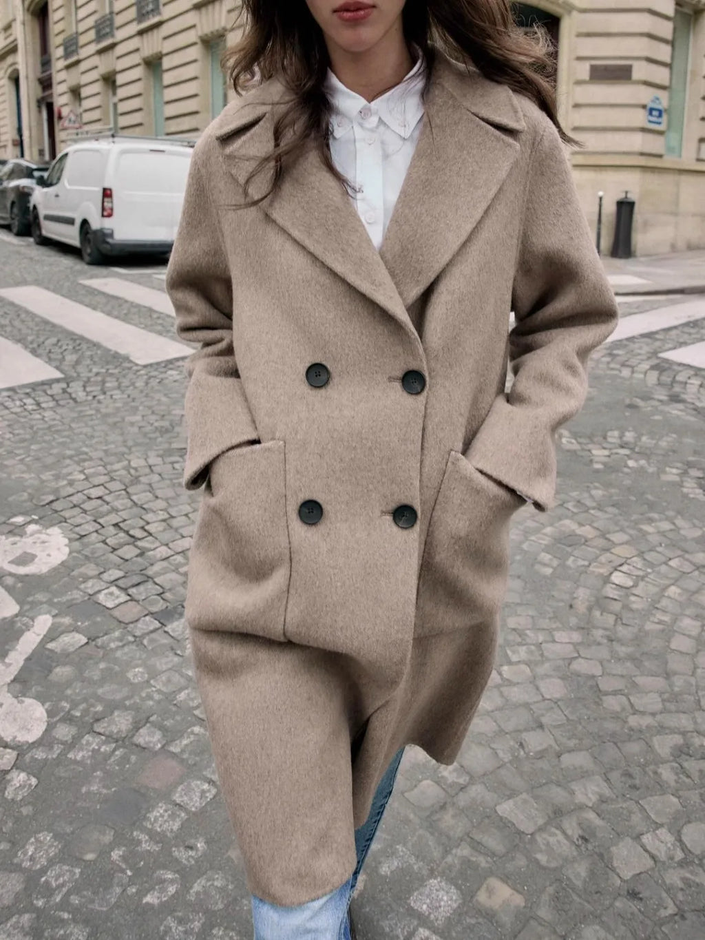 Fashionable Double-Breasted Long Woolen Coat Deep Coffee Color Double-Faced Large Collar Women's Premium Quality Outerwear
