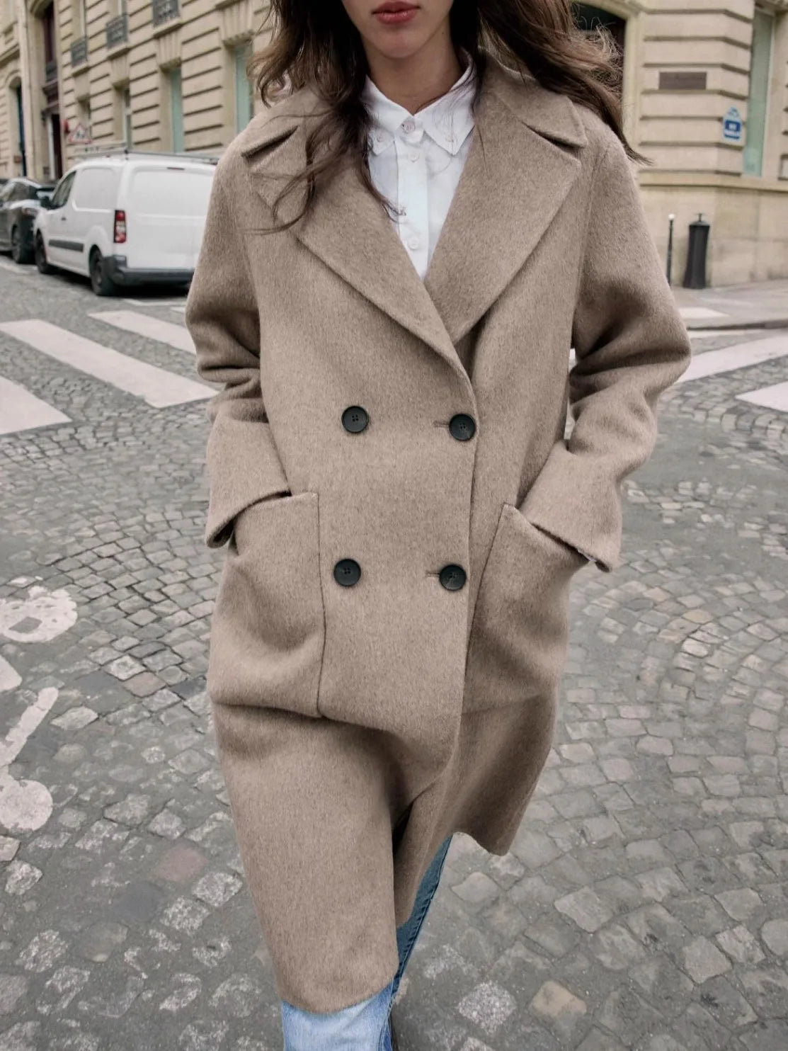 Fashionable Double-Breasted Long Woolen Coat Deep Coffee Color Double-Faced Large Collar Women's Premium Quality Outerwear