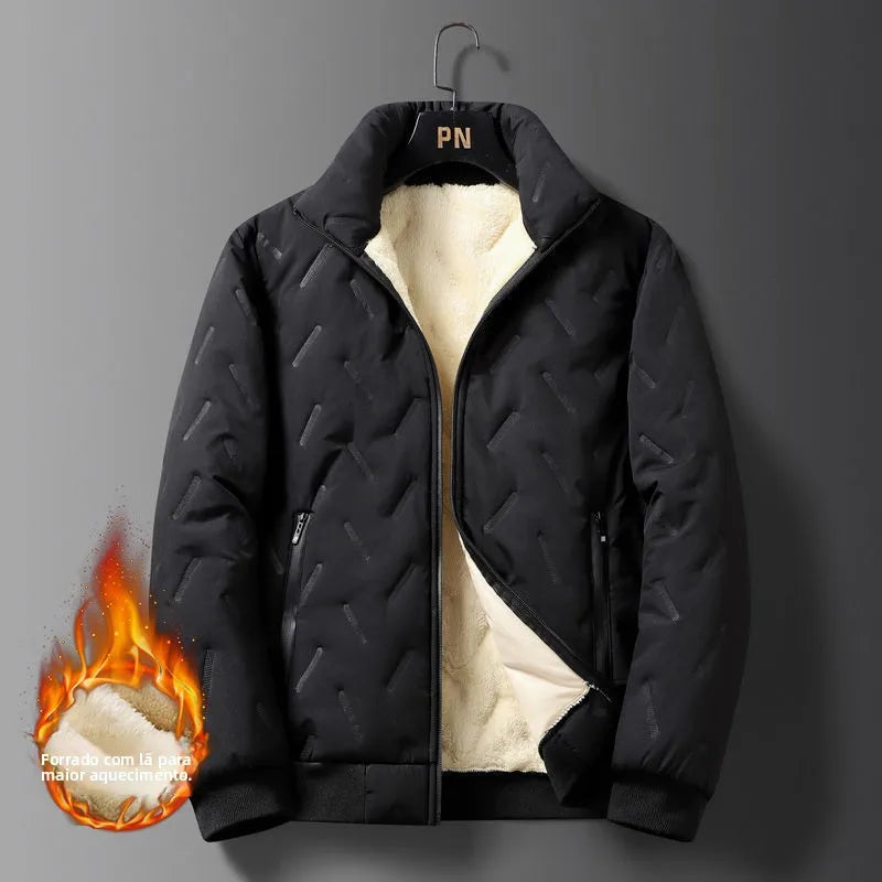 Jaqueta Masculina de Algodão Forrada com Lã Grossa Gola Alta Outono Inverno Quente Corta-Vento Tamanho Grande Casual Limpo Manga Longa