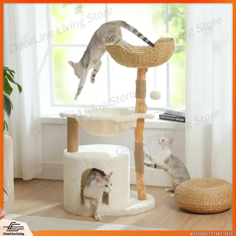 Solid Wood Cat Tree Tower with Spacious Condo Flower Perches Pom Poms Scratching Posts Cozy Bed for Indoor Cats Kitten Play